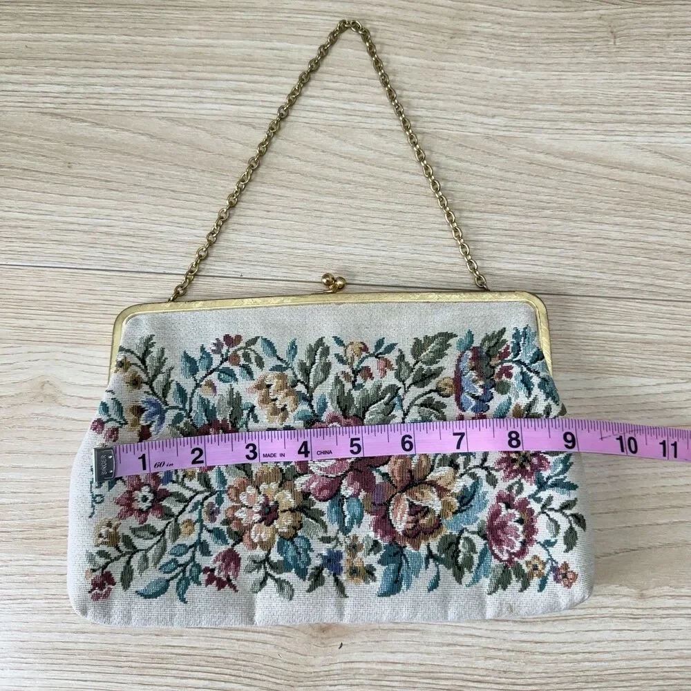 Vtg Needlepoint Tapestry Bag Handmade Floral Grandmacore 50s MCM Evening Classy